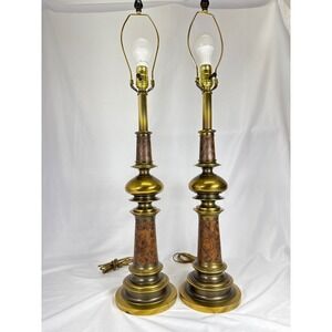 Vintage Solid Brass Table Lamp Pair Hollywood Regency‎ Faux Wood Accent Lighting